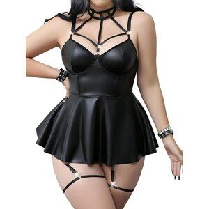Women Plus Black Strappy Leather Underwire Choker Garter Belt Lingerie Set Dress